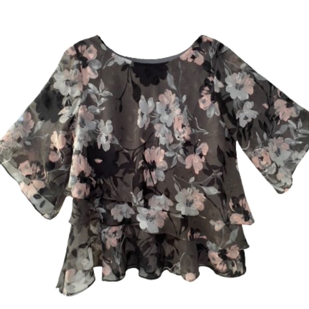 NWT Alex Evenings Large Blouse Bell Sleeve Tiered Sheer Gray Pink Black Floral